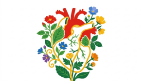A flat folk-art vector illustration of a human heart decorated with stylised flowers on white.