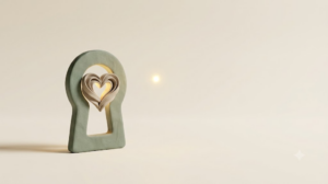 Small sage-green clay slab with a keyhole aperture framing a layered clay heart, and a golden spark floating to one side.