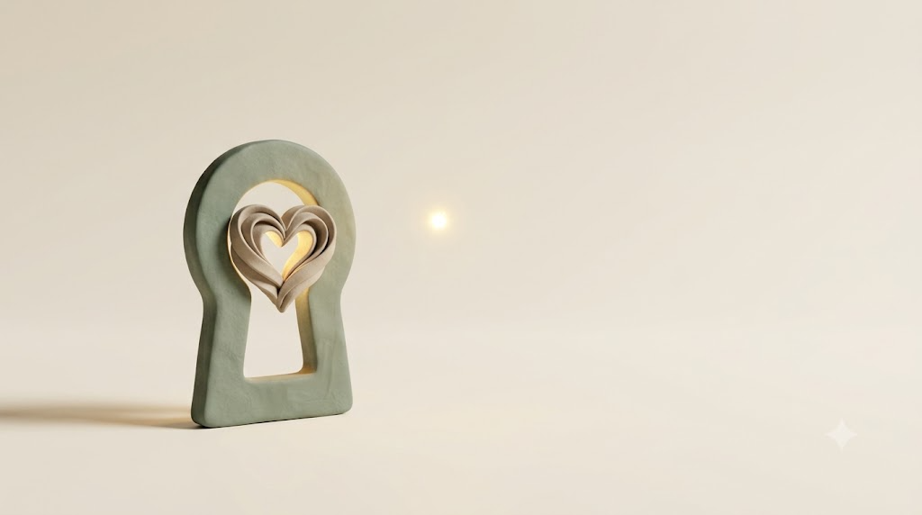 Small sage-green clay slab with a keyhole aperture framing a layered clay heart, and a golden spark floating to one side.