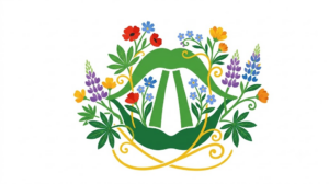 A flat folk-art vector illustration of human vocal cords framed by stylised flowers and vines on white.