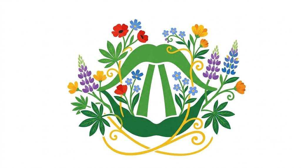 A flat folk-art vector illustration of human vocal cords framed by stylised flowers and vines on white.