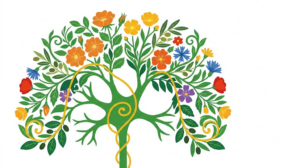 A flat folk-art vector illustration of a branching nerve decorated with stylised flowers on white.