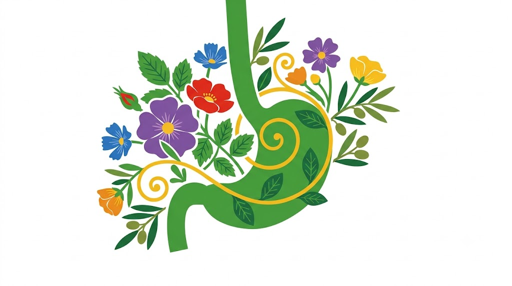 A flat vector folk-art illustration of the oesophagus and stomach framed by stylised leaves and flowers.