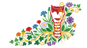 Flat vector illustration of a throat and windpipe surrounded by folk-art blooms and vines.