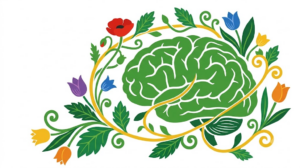 A flat vector folk-art illustration of a human brain encircled by stylised poppies, tulips and a golden vine on a white background.