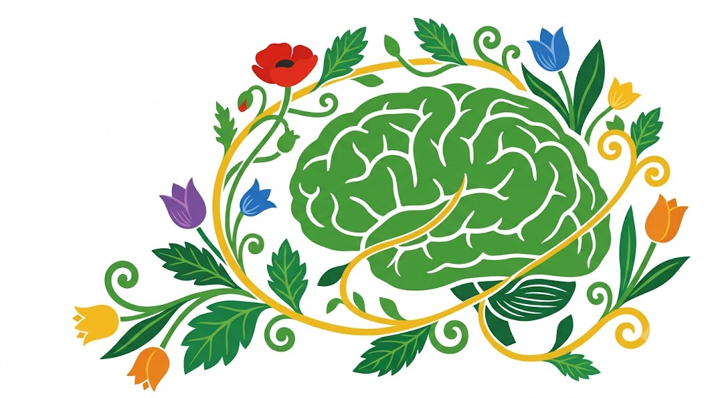 A flat vector folk-art illustration of a human brain encircled by stylised poppies, tulips and a golden vine on a white background.