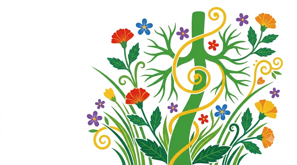 A flat folk-art vector illustration of a vagus nerve with branching fibres surrounded by stylised flowers and vines on a white background.
