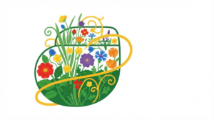 Flat vector illustration of a small implanted nerve stimulator with a lead wire, filled with stylised wild roses, buttercups and grasses.