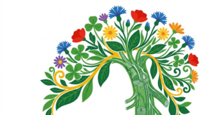 A flat folk-art vector illustration of the vagus nerve with cornflowers and daisies arching over it.
