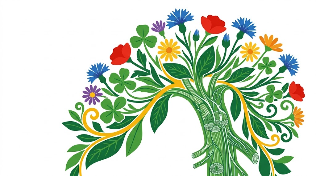 A flat folk-art vector illustration of the vagus nerve with cornflowers and daisies arching over it.