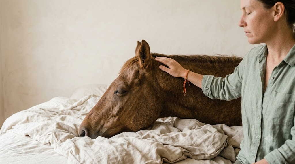 A person in sage linen rests a hand on a resting horse&rsquo;s neck in soft daylight.