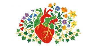 A flat vector folk-art illustration of a human heart surrounded by stylised flowers and a golden vine on a white background.