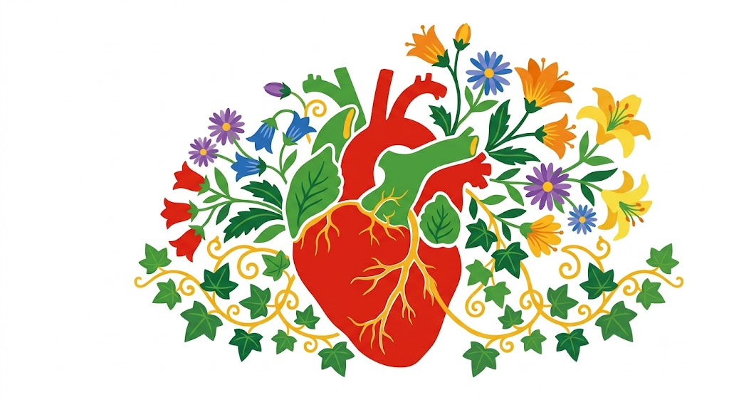 A flat vector folk-art illustration of a human heart surrounded by stylised flowers and a golden vine on a white background.
