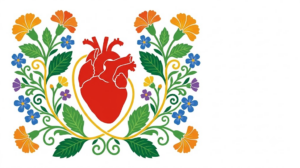 A flat folk-art vector illustration of a human heart framed by stylised flowers, leaves and curling vines on a white background.