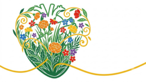 A flat folk-art illustration of a human heart filled with a garden of marigolds and small blossoms, densest at the base.