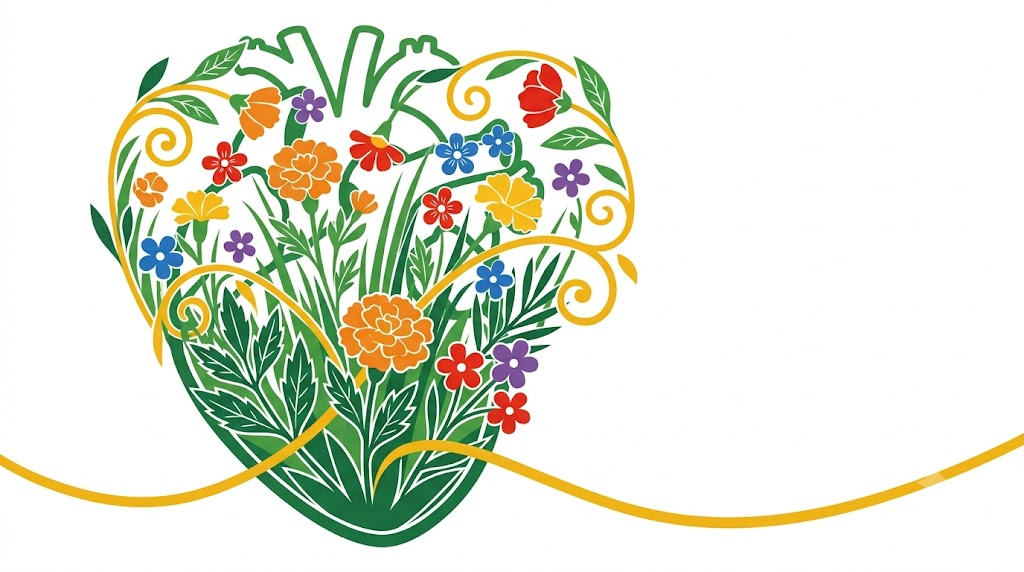 A flat folk-art illustration of a human heart filled with a garden of marigolds and small blossoms, densest at the base.
