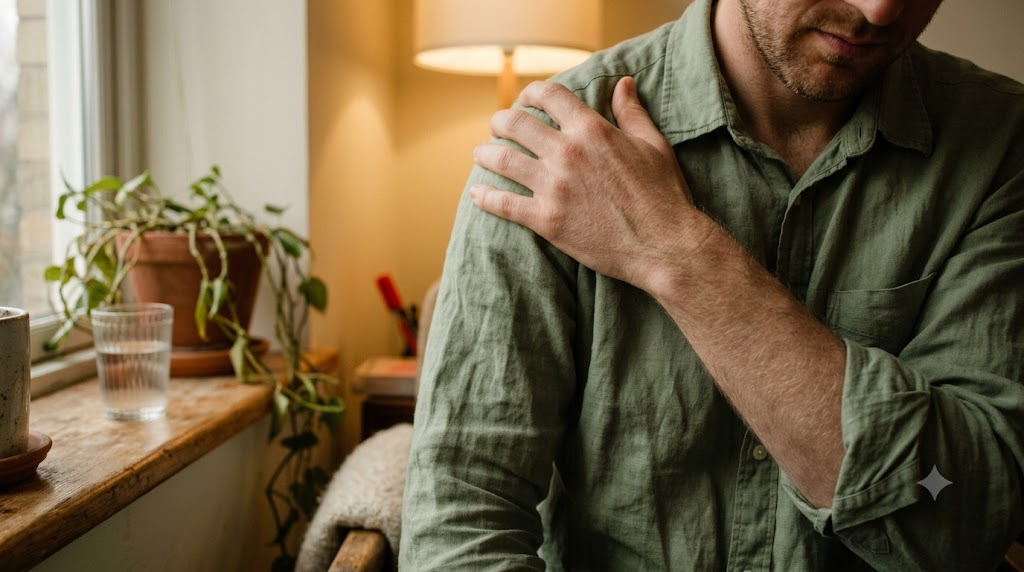 A person pressing a thumb slowly into a tight knot in their shoulder near a windowsill.