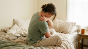 A seated figure seen from the side on an unmade bed, head lowered, pressing a thumb into a tight spot on their own shoulder in bright diffuse daylight.