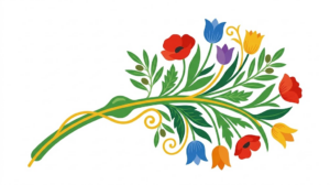 A flat vector folk-art illustration of a long nerve with a rounded swelling, framed by stylised poppies and tulips.