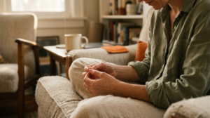 Close view of hands resting loosely in a lap with fingertips touching, in a deep armchair.