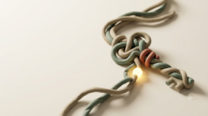 Clay key formed from a loosening knot of sage and putty cords with a terracotta band and one glowing golden bead of light.