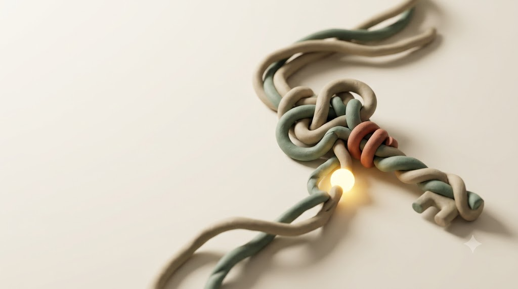 Clay key formed from a loosening knot of sage and putty cords with a terracotta band and one glowing golden bead of light.