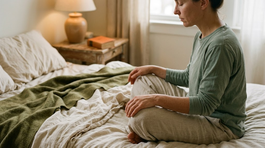 A person sits cross-legged on rumpled bed linen in profile, hands resting open on their knees in warm lamplight.