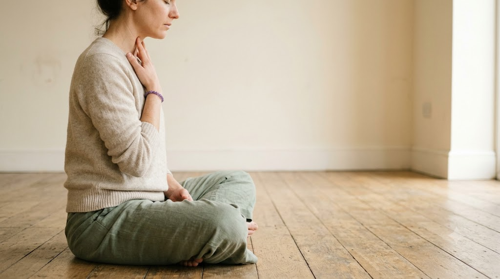 A person sits cross legged in profile on a bare wooden floor with one hand resting on their throat, eyes closed.