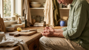 A person resting their hands palm-up on their knees with fingertips lightly touching