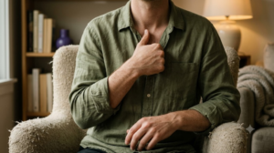 A person pressing a thumb into the hollow above their collarbone while sitting in a deep armchair in warm lamplight.