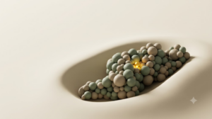 A soft matte clay render of a resting human form with a cluster of small spheres nested in a hollow, lit by a single bright golden light element.