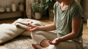 A close view from just above of a person sitting cross legged on a worn rug with their palms resting open on their knees.