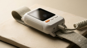 A small unbranded wearable vibration therapy unit on a woven fabric wrist strap, photographed on an unglazed clay tile.
