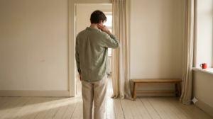Seen from behind, a person stands in a bright doorway pressing two fingers to the side of their neck.