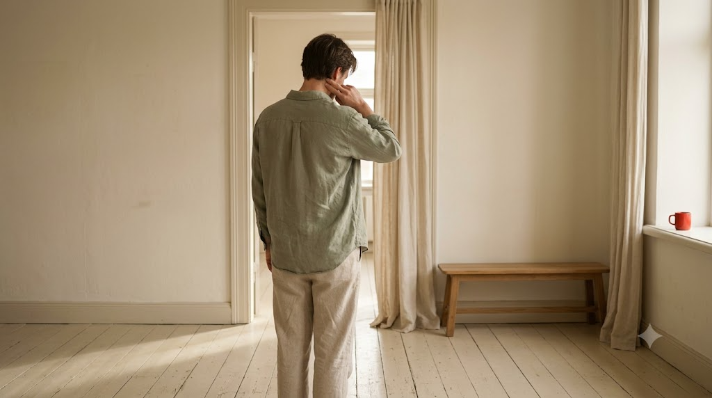 Seen from behind, a person stands in a bright doorway pressing two fingers to the side of their neck.