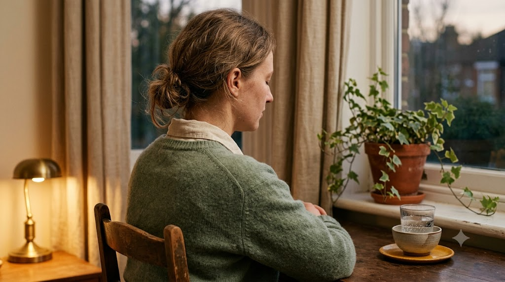 A person sits still and meditates by a windowsill in warm lamplight, seen from behind.