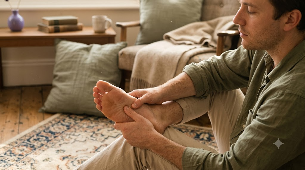 A person presses a thumb into a reflexology point on the sole of their bare foot while sitting on a worn rug.