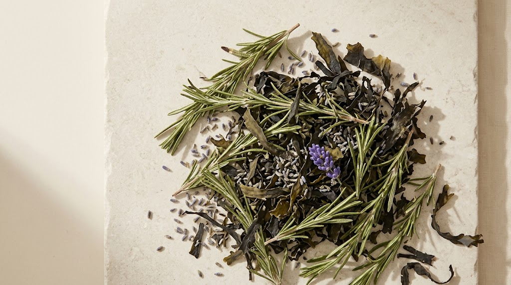 Rosemary sprigs, dried seaweed and lavender buds gathered in a loose mound on a pale stone slab.