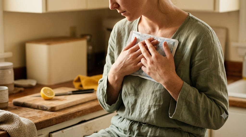 A close view from just above of a person holding a cold pack flat against their chest at a wooden kitchen counter in warm late afternoon light.