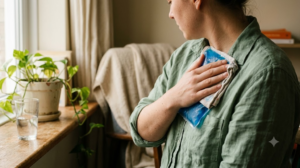A person by a windowsill pressing a cold pack flat against their chest, seen over the shoulder in soft side light.