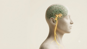 Matte clay head in profile with a sage neural lattice inside and a glowing golden vagus nerve line linking brain and body