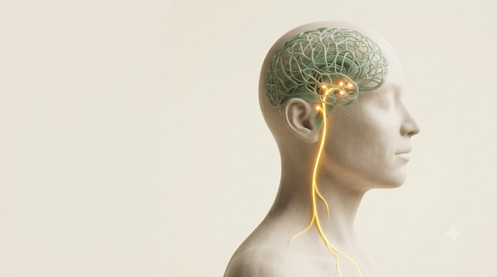 Matte clay head in profile with a sage neural lattice inside and a glowing golden vagus nerve line linking brain and body