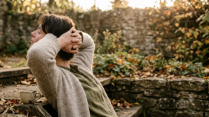 In profile on a low step, a person clasps their hands behind their head and turns their gaze to one side.