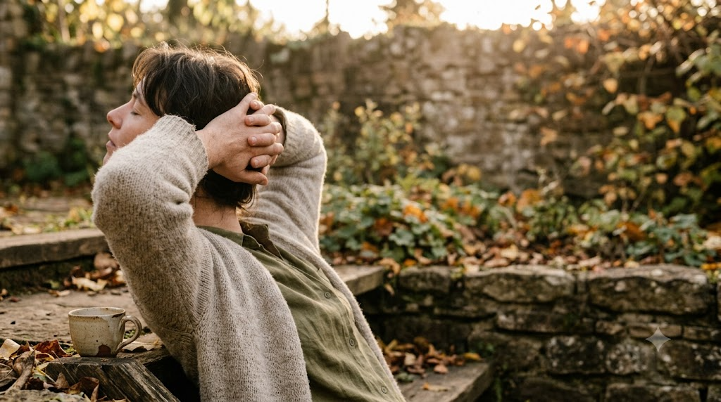 In profile on a low step, a person clasps their hands behind their head and turns their gaze to one side.