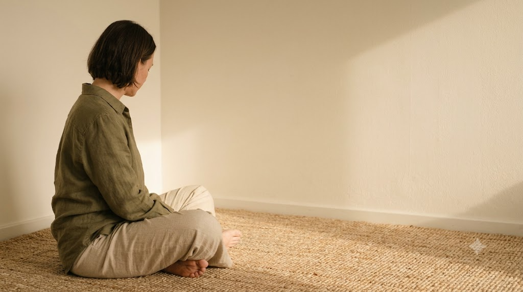 A person sits cross legged in profile on a woven rug, head turned slowly to one side in afternoon light.