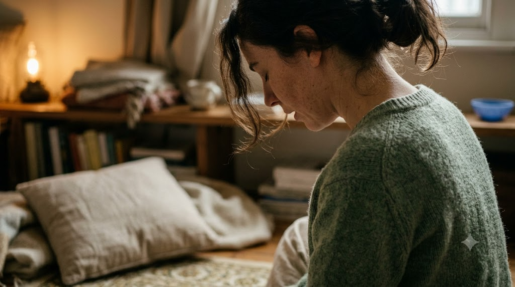 A person sitting cross legged in profile on a worn rug, eyes closed and shoulders dropped as they breathe out, lit by warm lamplight.