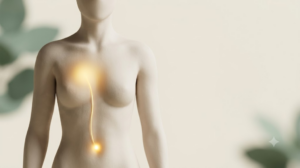 Clay torso with a small sharp golden point of light at the stomach and a broader diffuse glow in the chest linked by a nerve filament