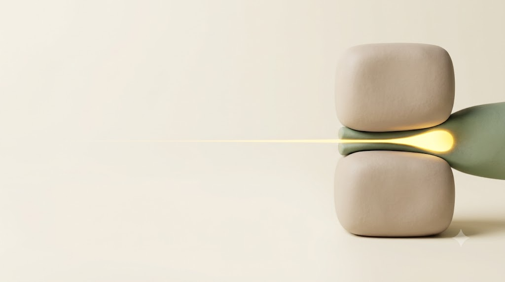 Sage clay cord squeezed between two blocks with golden light pooling before the pinch