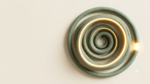 Coiled sage clay tube with a golden light line fading as the coil narrows inward
