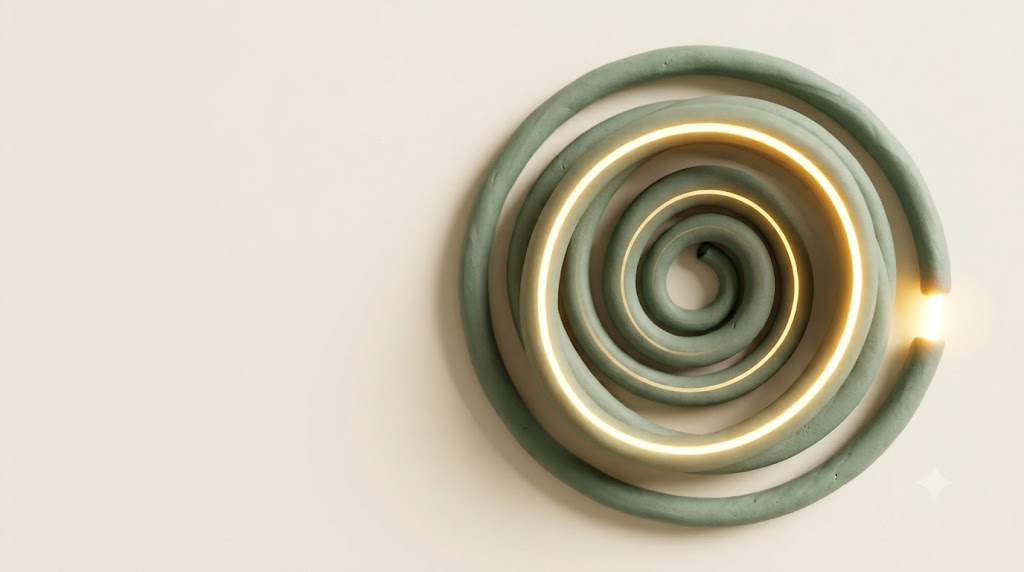 Coiled sage clay tube with a golden light line fading as the coil narrows inward